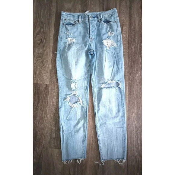 Free People Distressed Jeans Size 27 Crochet Lace Relaxed Ella Blue  Raw Hem - Picture 12 of 14